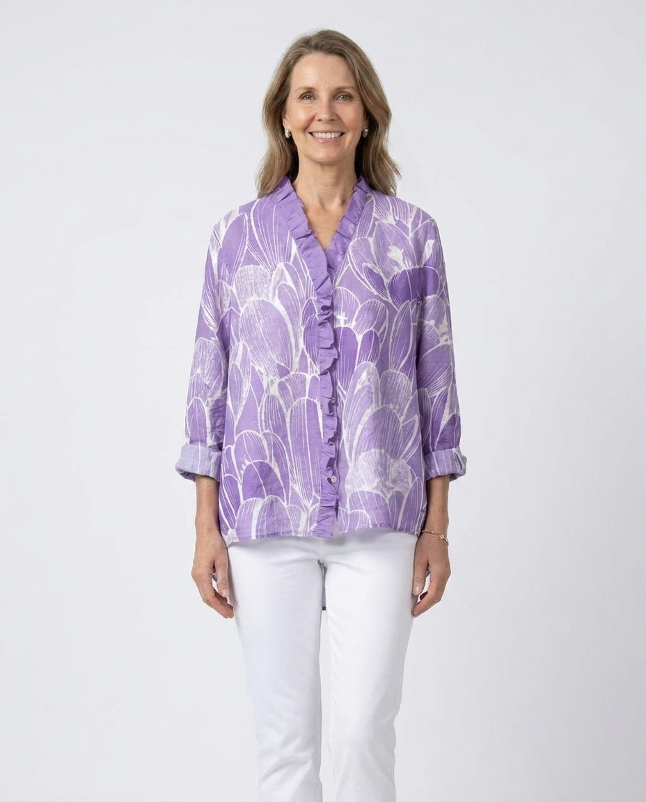 Floral Print Ruffle Front V-Neck Roll Sleeve Blouse