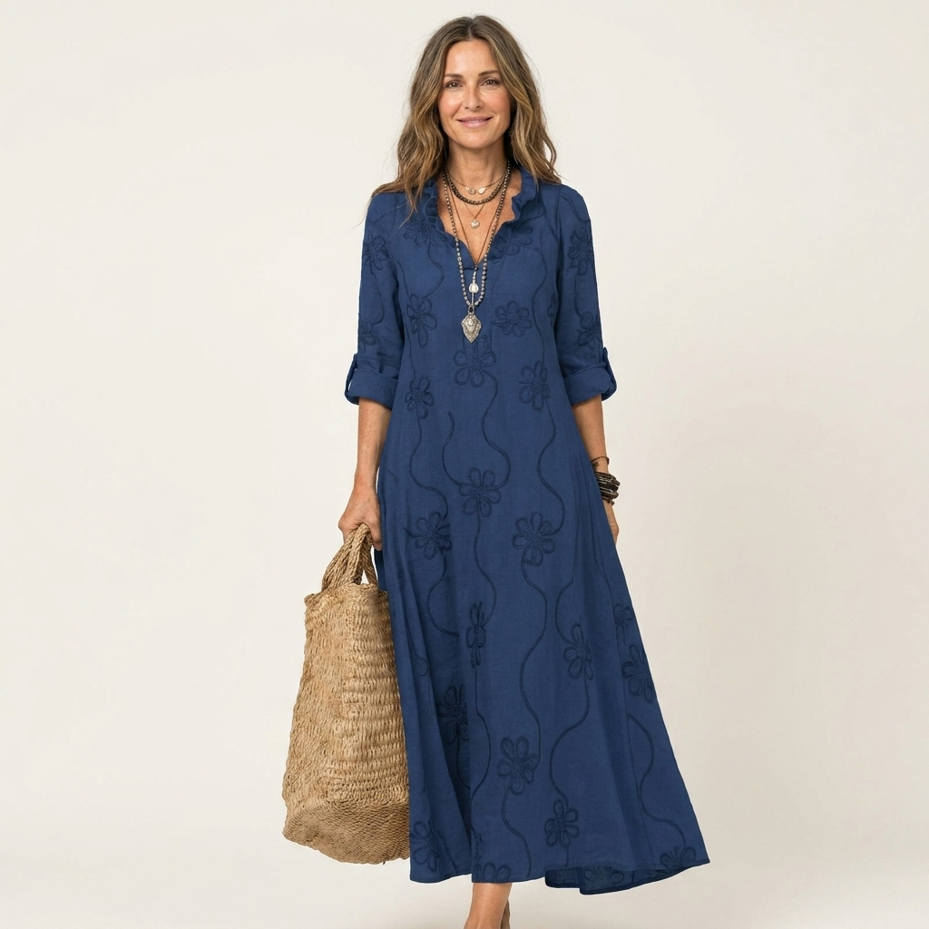 Embroidered Floral Ruffle Collar Half Placket Maxi Dress 9