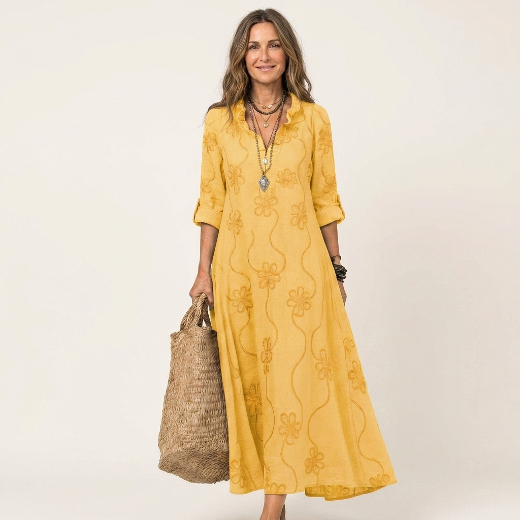 Floral Embroidered Ruffle Neck Long Sleeve Maxi Dress 5
