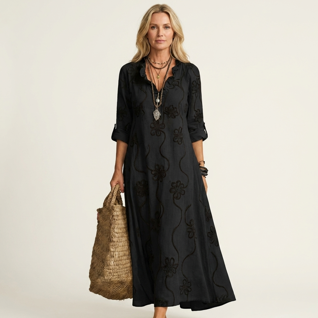 Floral Embroidered Ruffle Neck Long Sleeve Maxi Dress 3