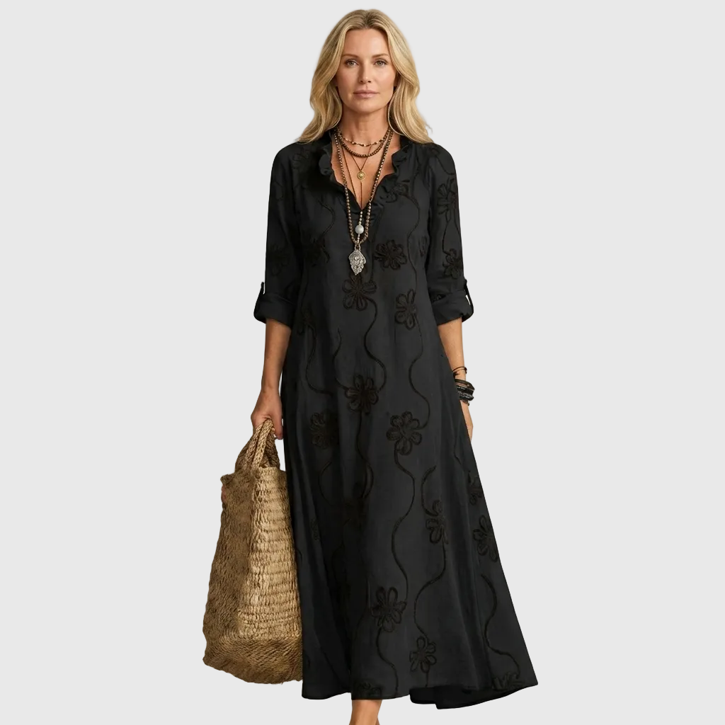 Floral Embroidered Long Sleeve Ruffle Neck Maxi Dress 10
