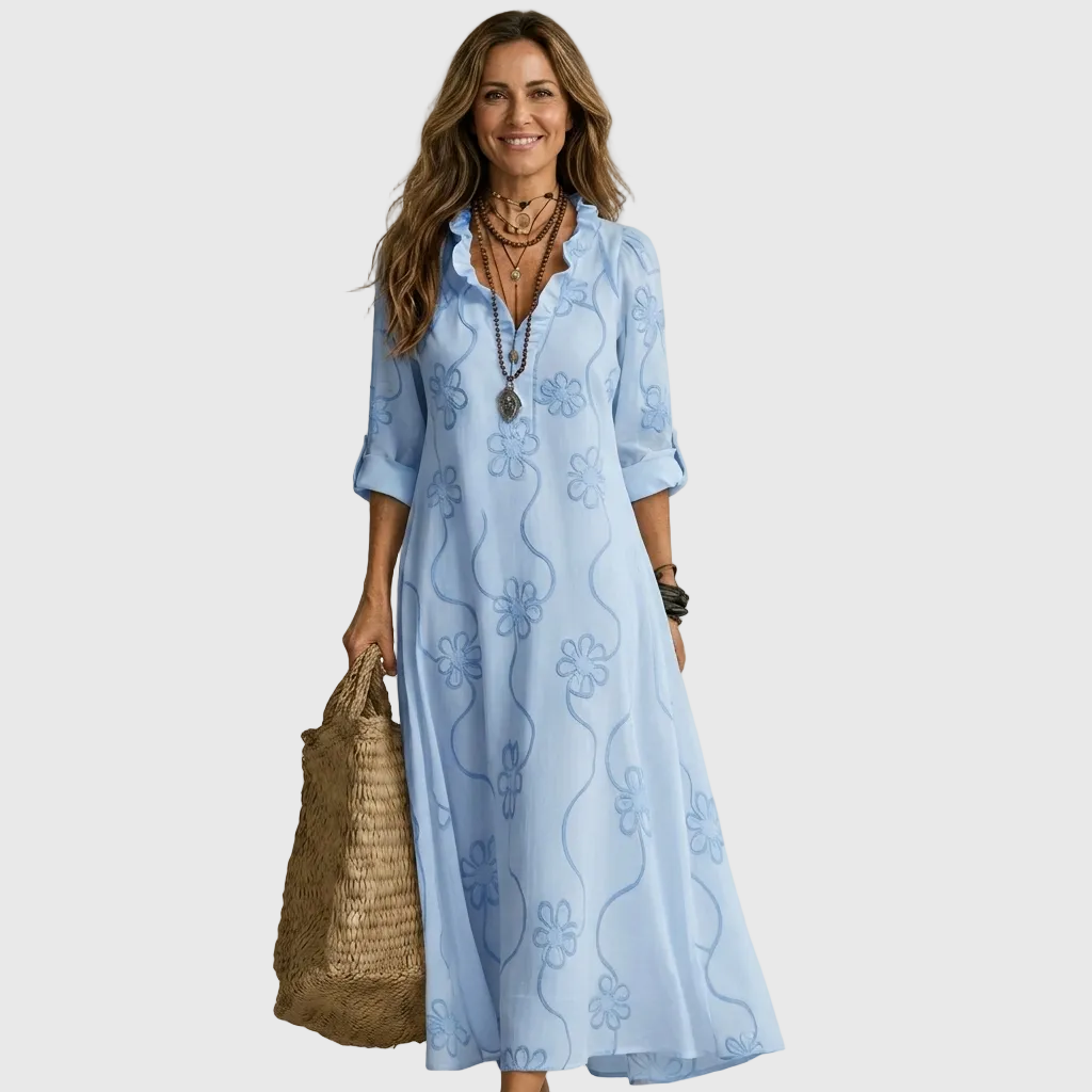 Floral Embroidered Long Sleeve Ruffle Neck Maxi Dress 4