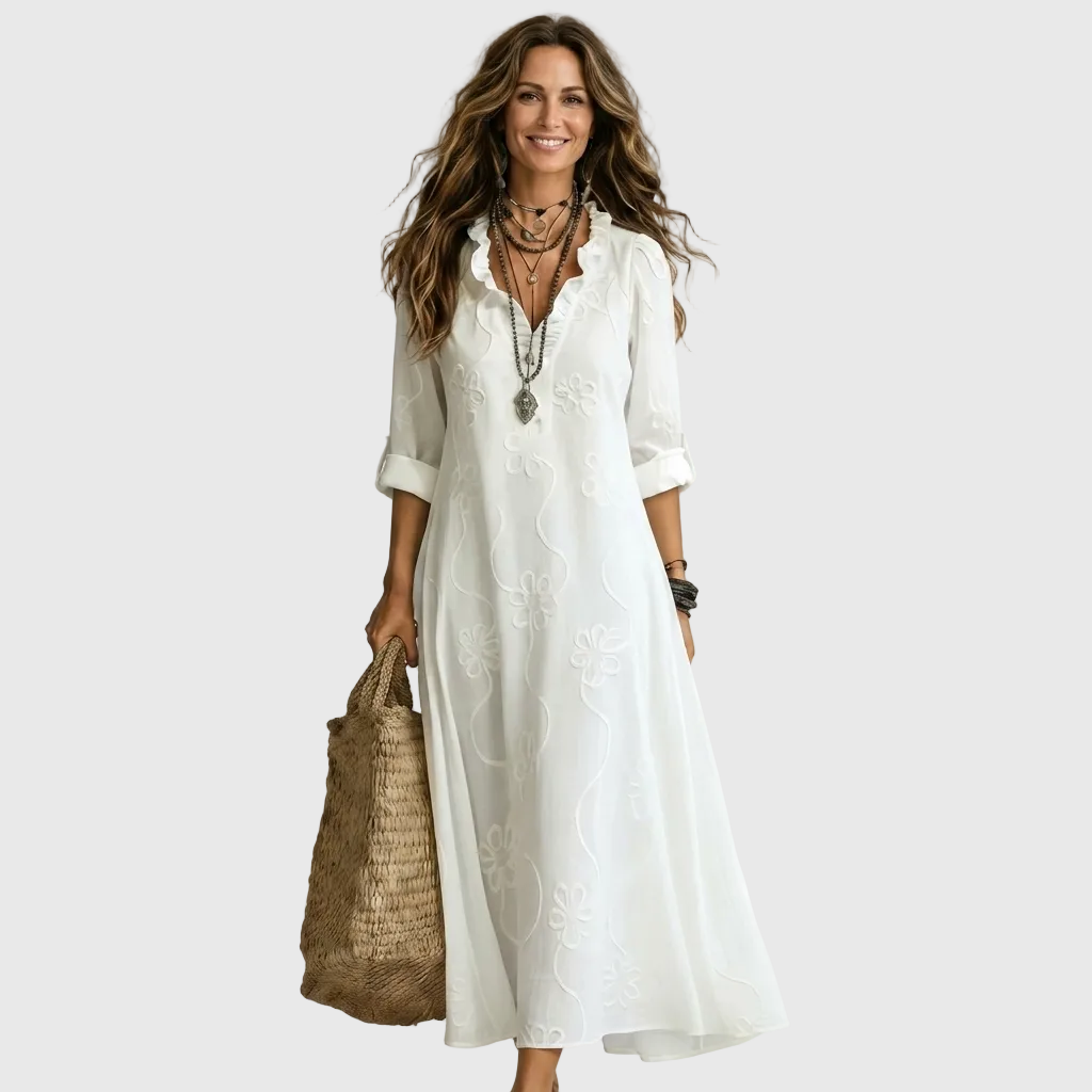 Floral Embroidered Long Sleeve Ruffle Neck Maxi Dress 2