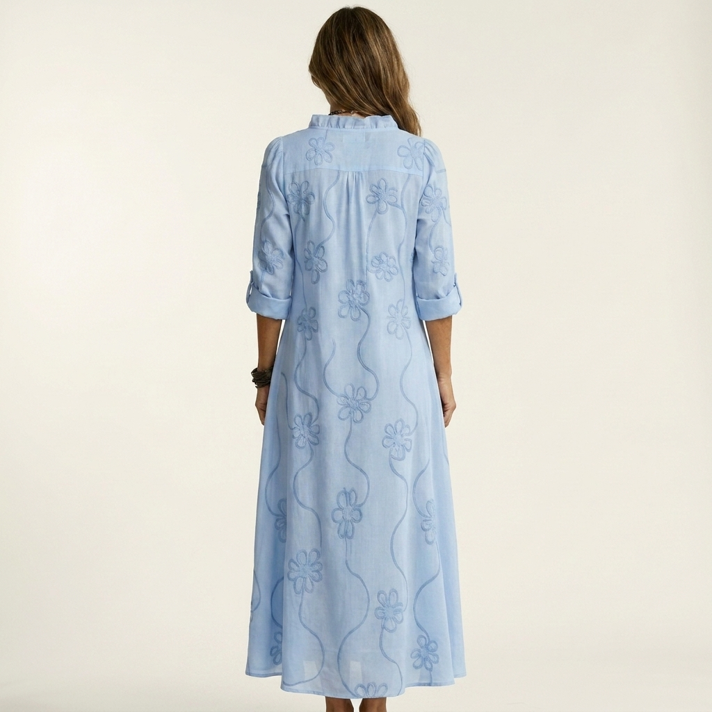 Embroidered Floral Ruffle Collar Half Placket Maxi Dress 8