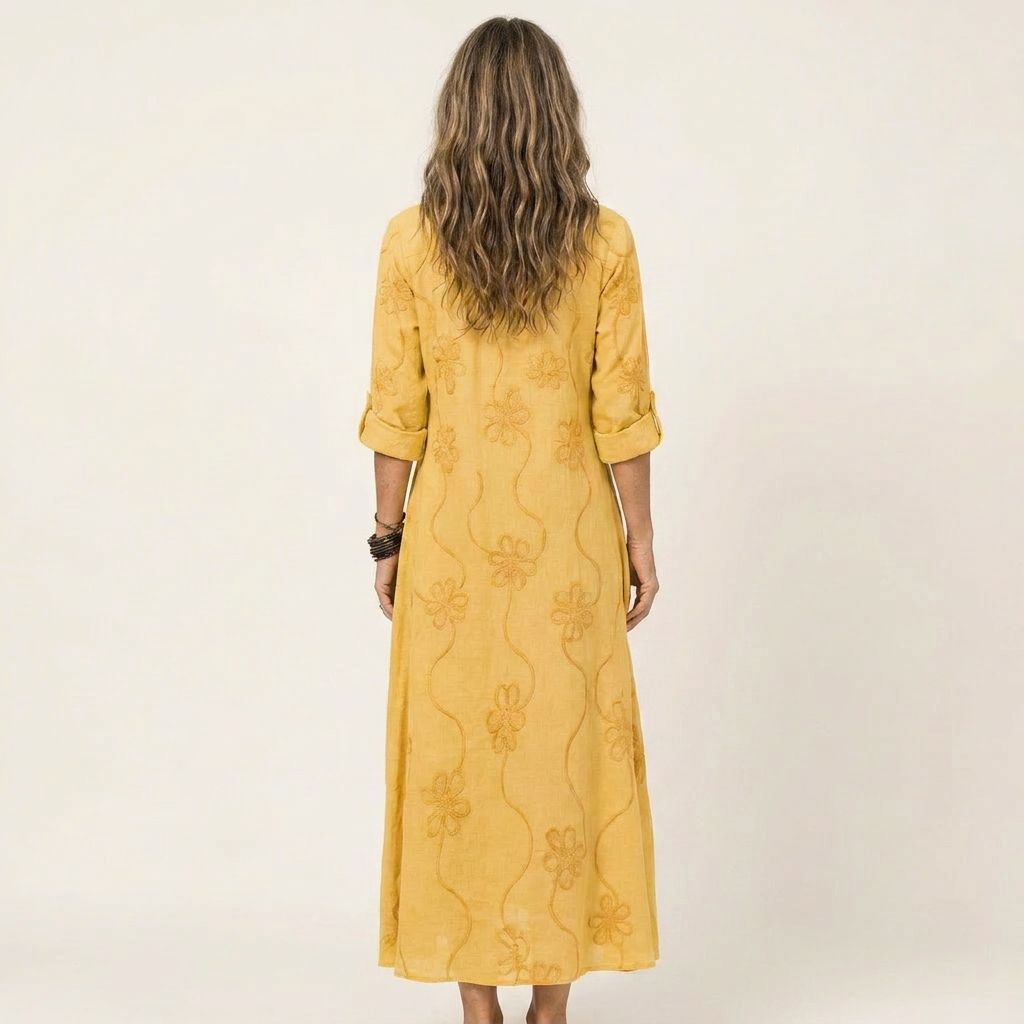 Embroidered Floral Ruffle Collar Half Placket Maxi Dress 6