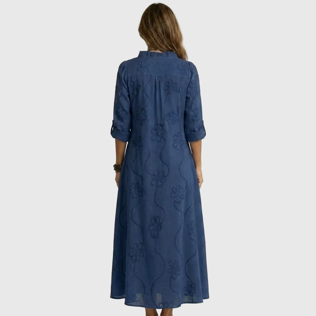 Floral Embroidered Long Sleeve Ruffle Neck Maxi Dress 7