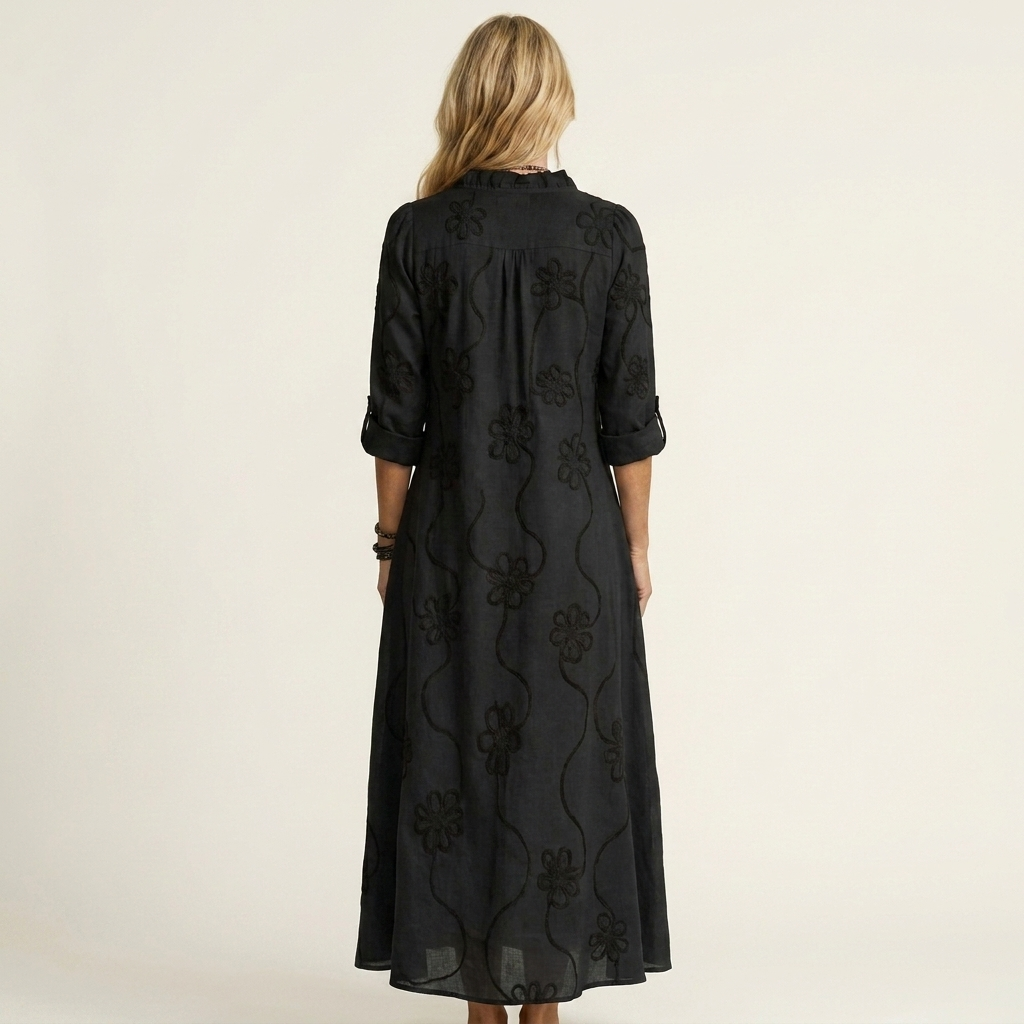 Floral Embroidered Ruffle Neck Long Sleeve Maxi Dress 4