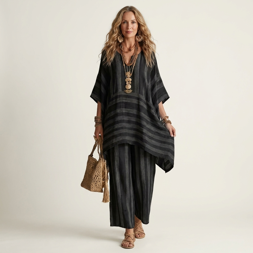 Striped V-Neck Kaftan Top and Wide Leg Pants Two Piece Set 9