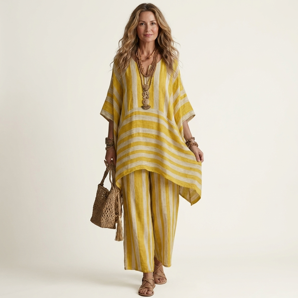 Striped V-Neck Kaftan Top and Wide Leg Pants Two Piece Set 5