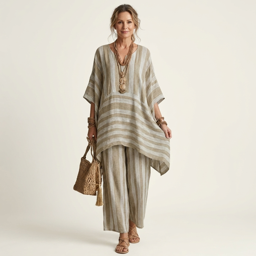 Striped V-Neck Kaftan Top and Wide Leg Pants Two Piece Set 3