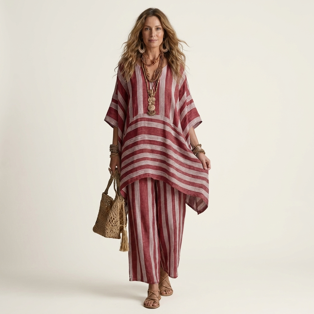 Striped Kaftan Top and Wide Leg Pants Two Piece Set