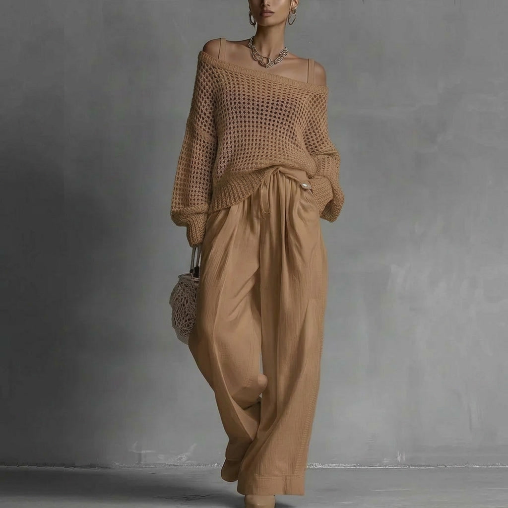 Open Knit Off Shoulder Top and Wide Leg Pants Two Piece Set 5