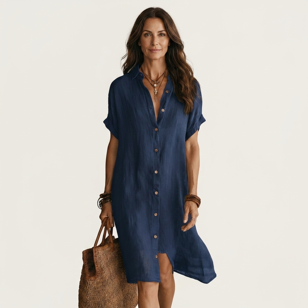 Short Sleeve Button Front Rolled Cuff Midi Shirt Dress 7