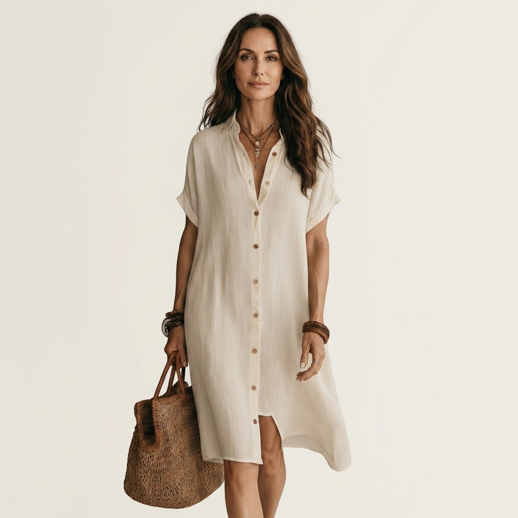 Linen Look Button Front Short Sleeve Midi Shirt Dress 5