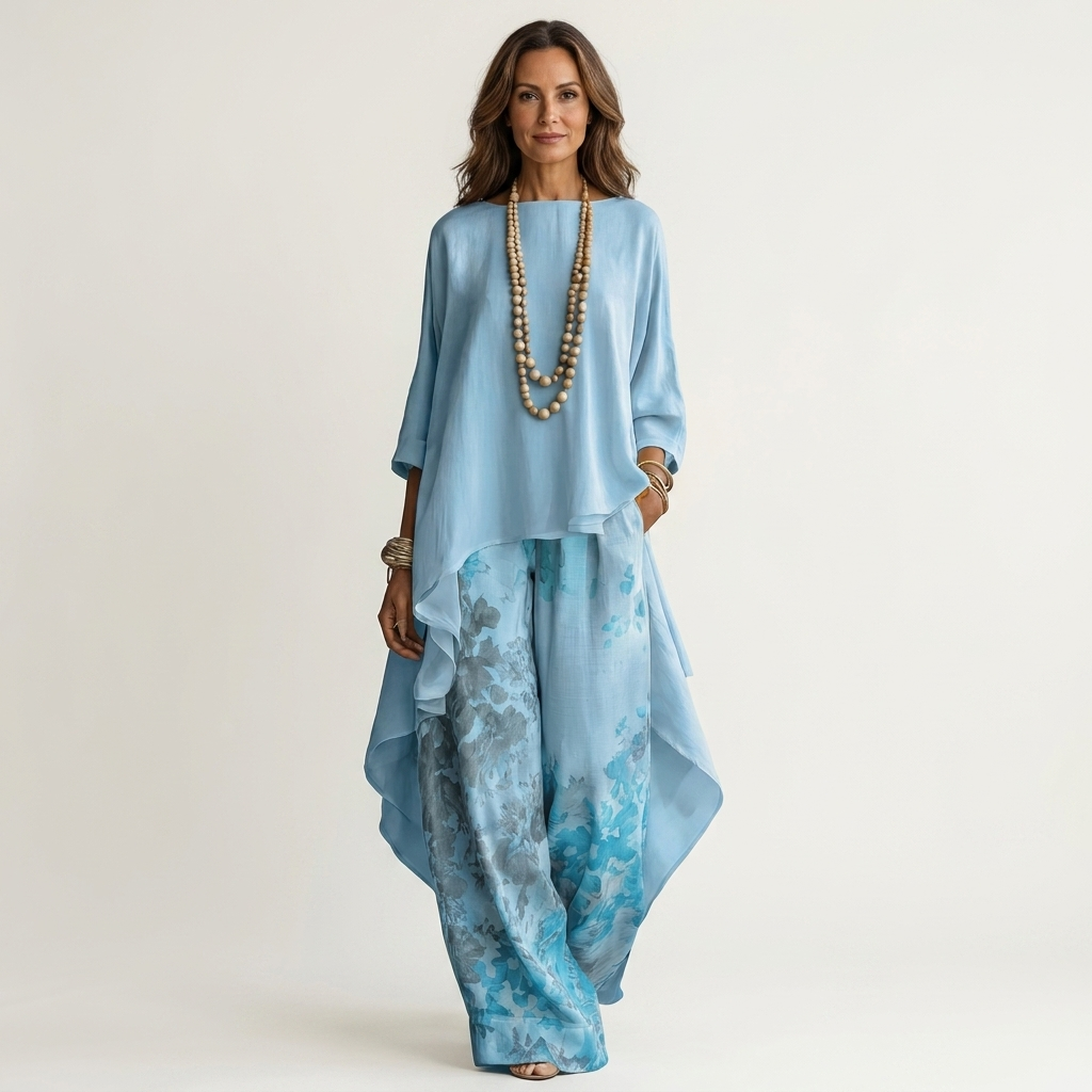 Boat Neck High Low Tunic Top and Print Wide Leg Pants Two Piece Set 3