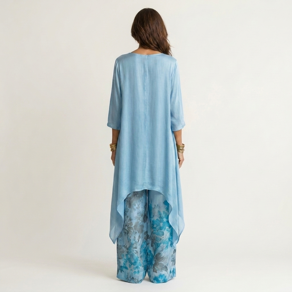 Boat Neck High Low Tunic Top and Print Wide Leg Pants Two Piece Set 4