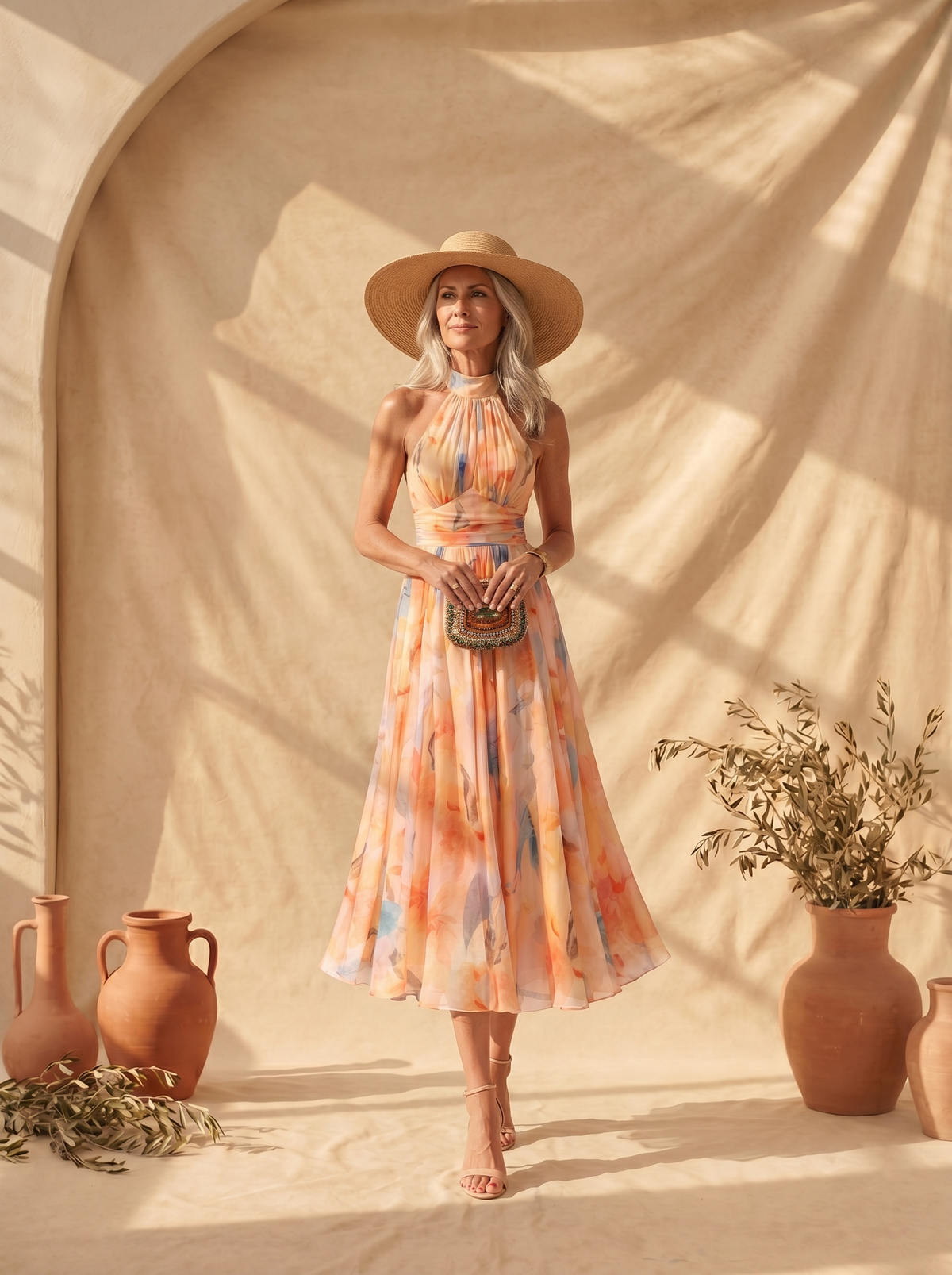 Watercolor Print Halter Neck Fit and Flare Midi Dress 2