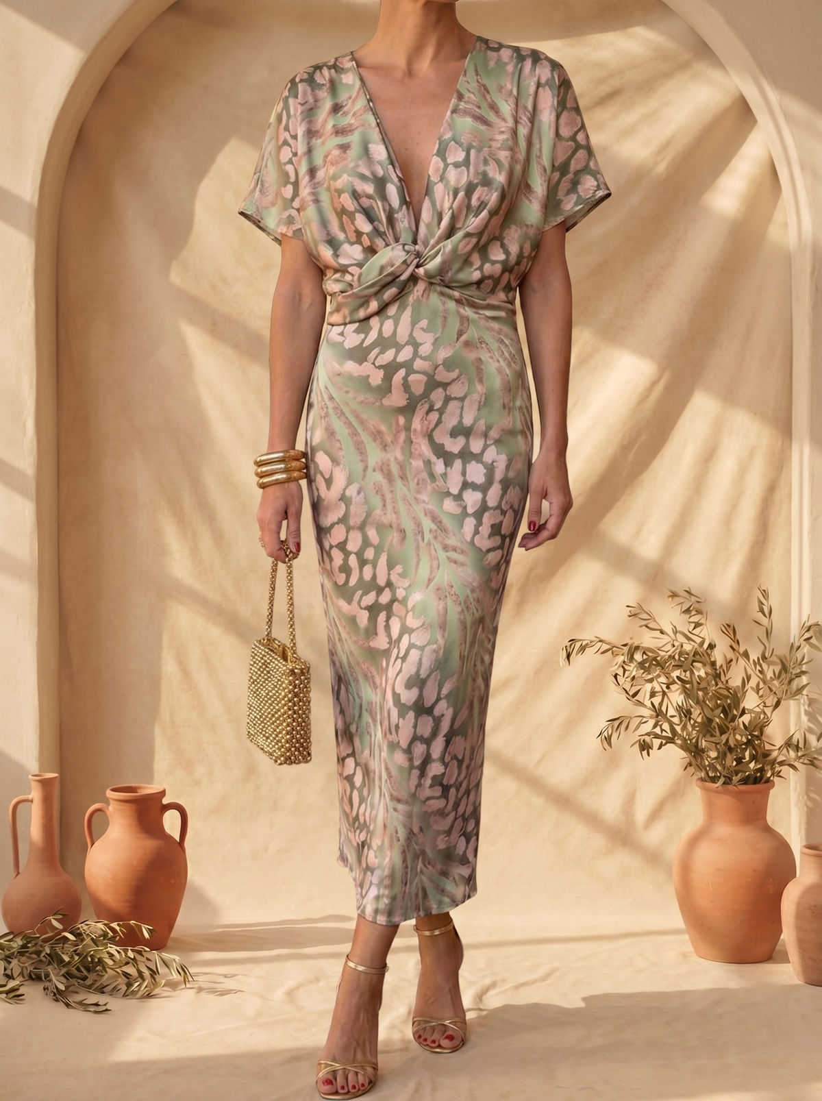 Animal Print V-Neck Twist Front Short Sleeve Midi Dress 2