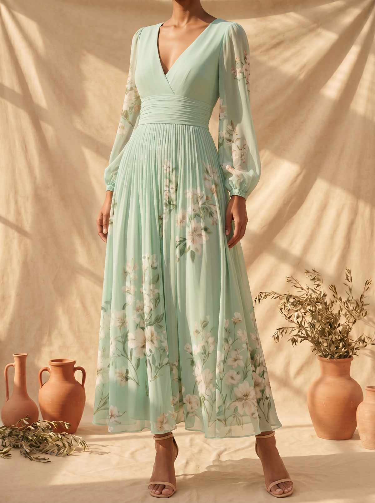 Floral Print V-Neck Long Sleeve Pleated Chiffon Maxi Dress 2