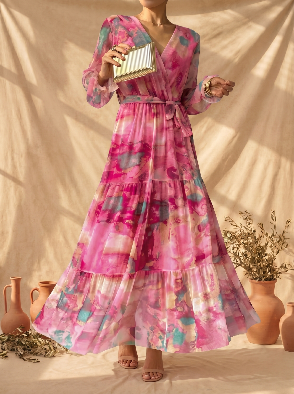 Watercolor Floral Wrap Long Sleeve Tiered Belted Maxi Dress 2