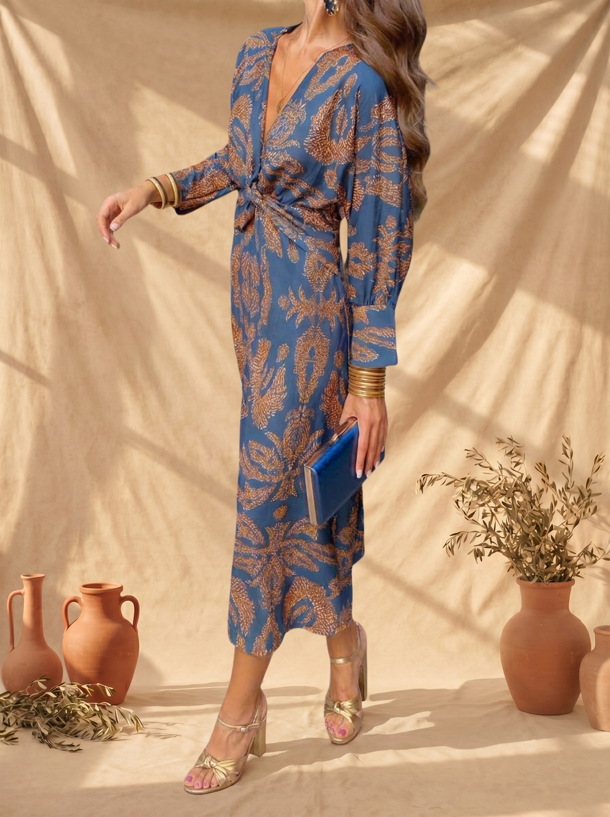 Floral Print V-Neck Long Sleeve Twist Front Midi Dress 2