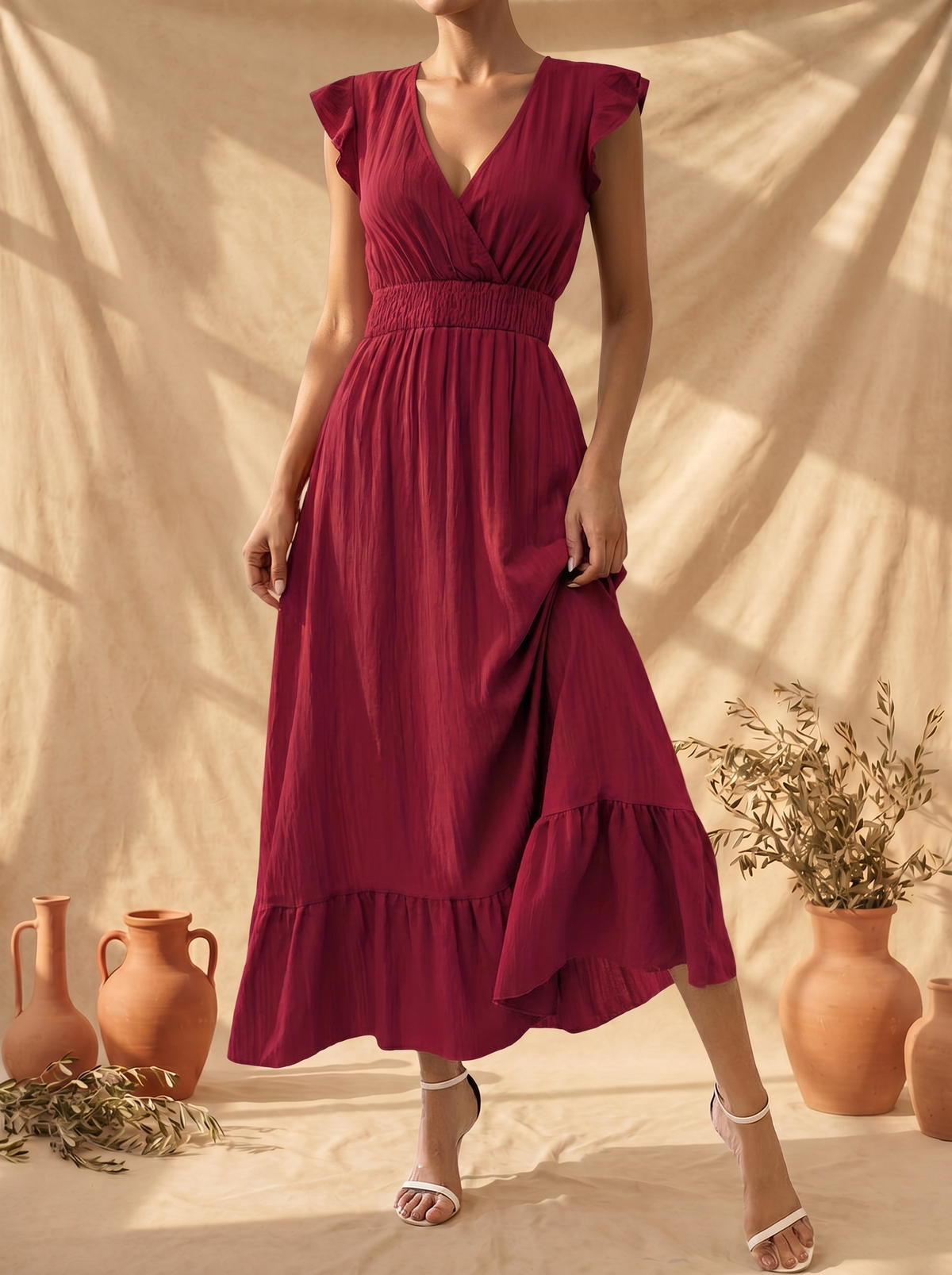 V-Neck Flutter Sleeve Smocked Waist Tiered Maxi Dress 2