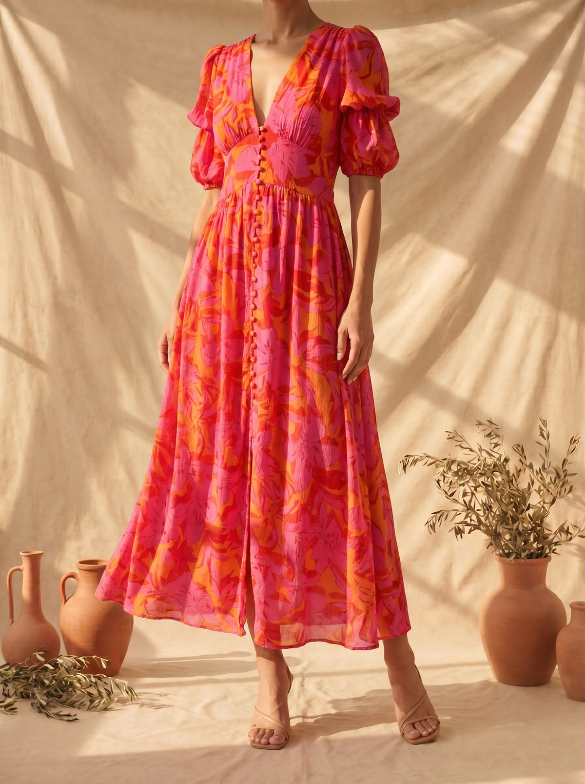Floral V-Neck Puff Sleeve Button Front Midi Dress 3