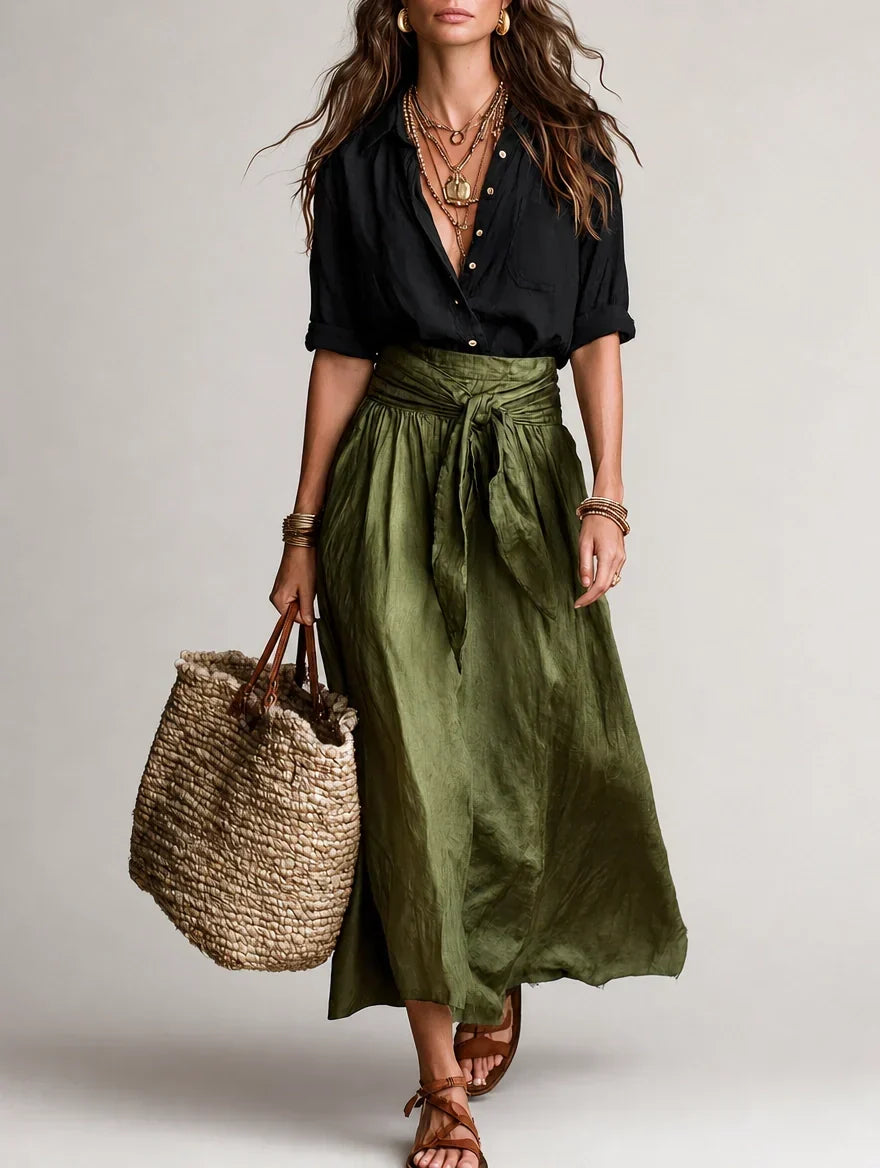 High Waist Tie Front Pleated Maxi Skirt