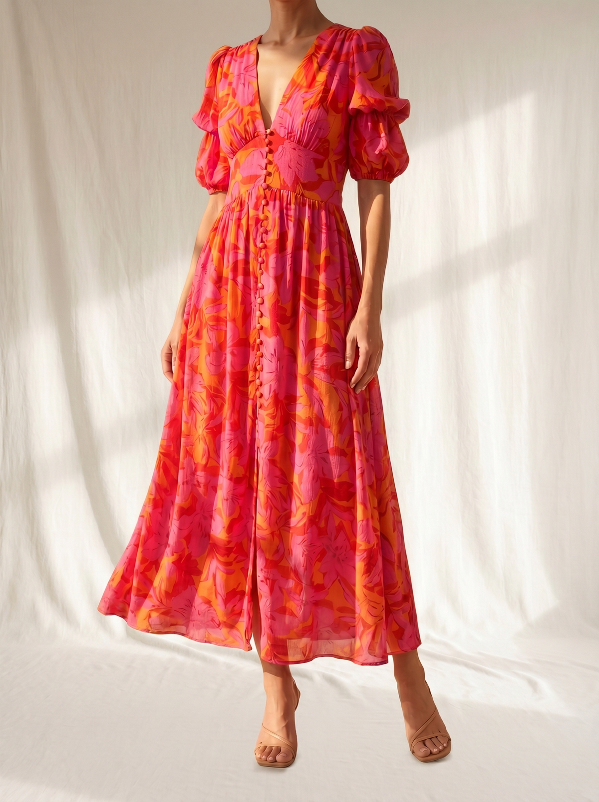 Floral Print V-Neck Puff Sleeve Button Front Midi Dress 2