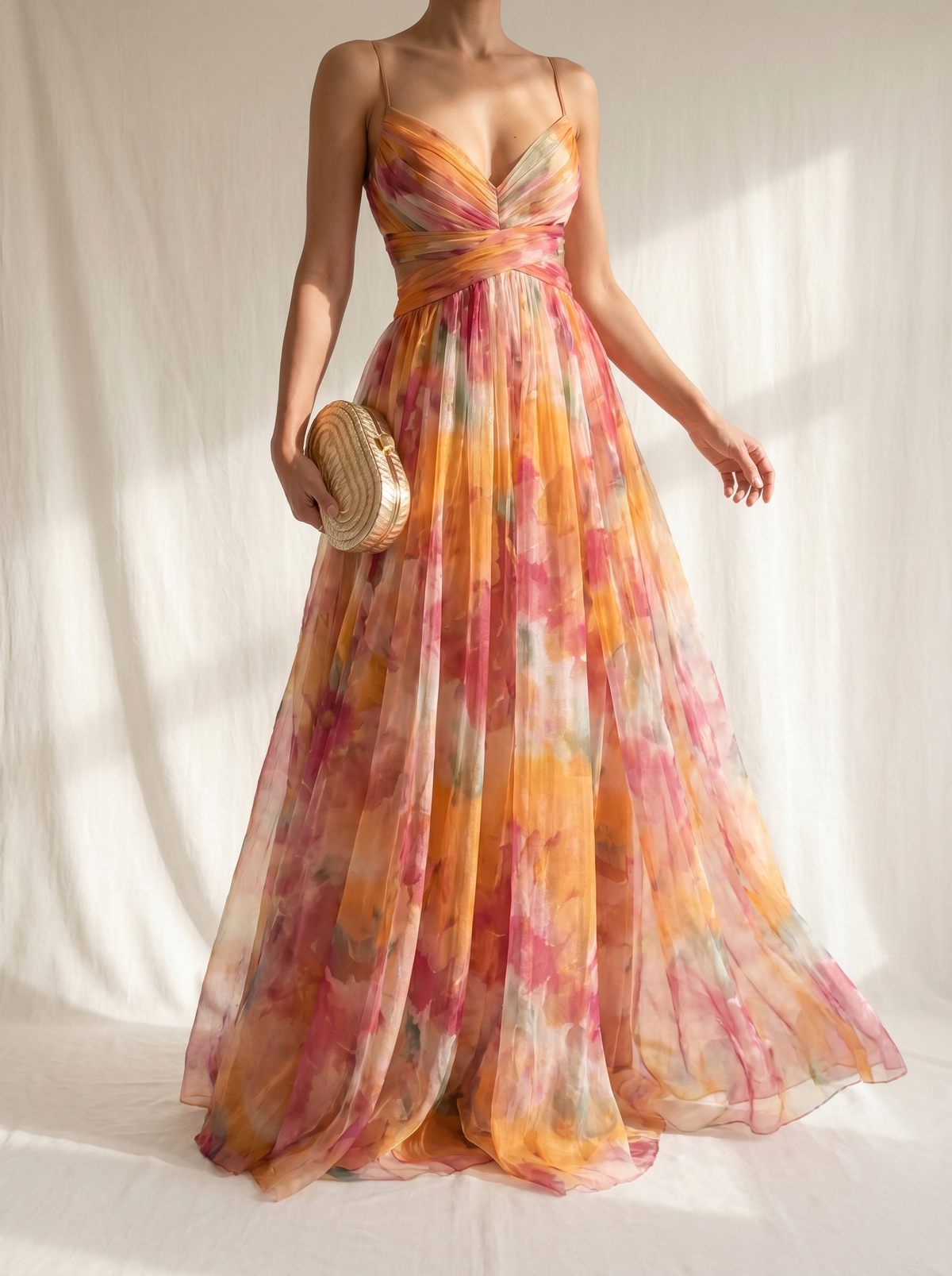 Watercolor Floral Print V-Neck Spaghetti Strap Flowy Maxi Dress 2