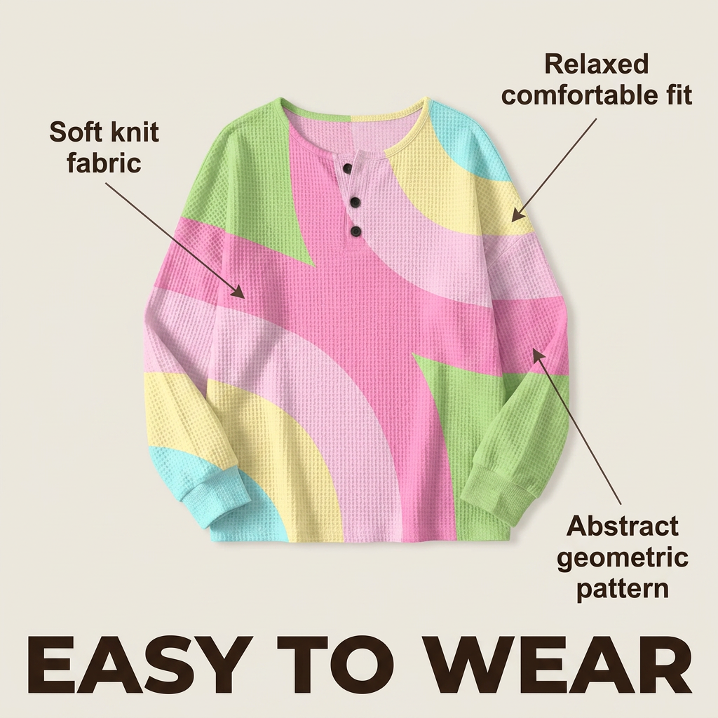 Color Block Waffle Knit Button Neck Sweatshirt 5