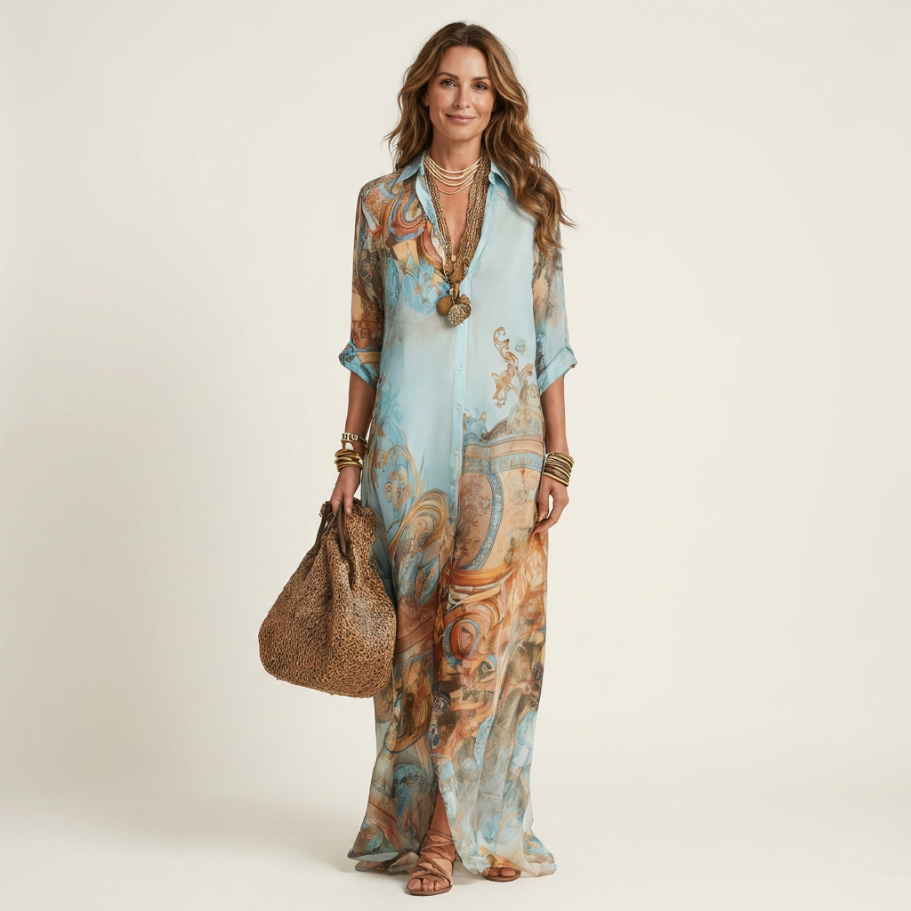 Paisley Print Long Sleeve Sheer Maxi Shirt Dress