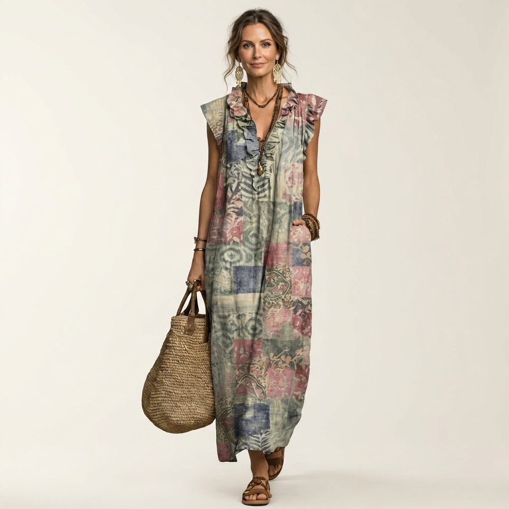 Patchwork Print Ruffle V-Neck Sleeveless Maxi Dress