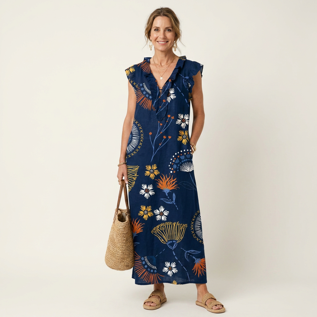 Botanical Floral Print Ruffle V-Neck Sleeveless Maxi Dress