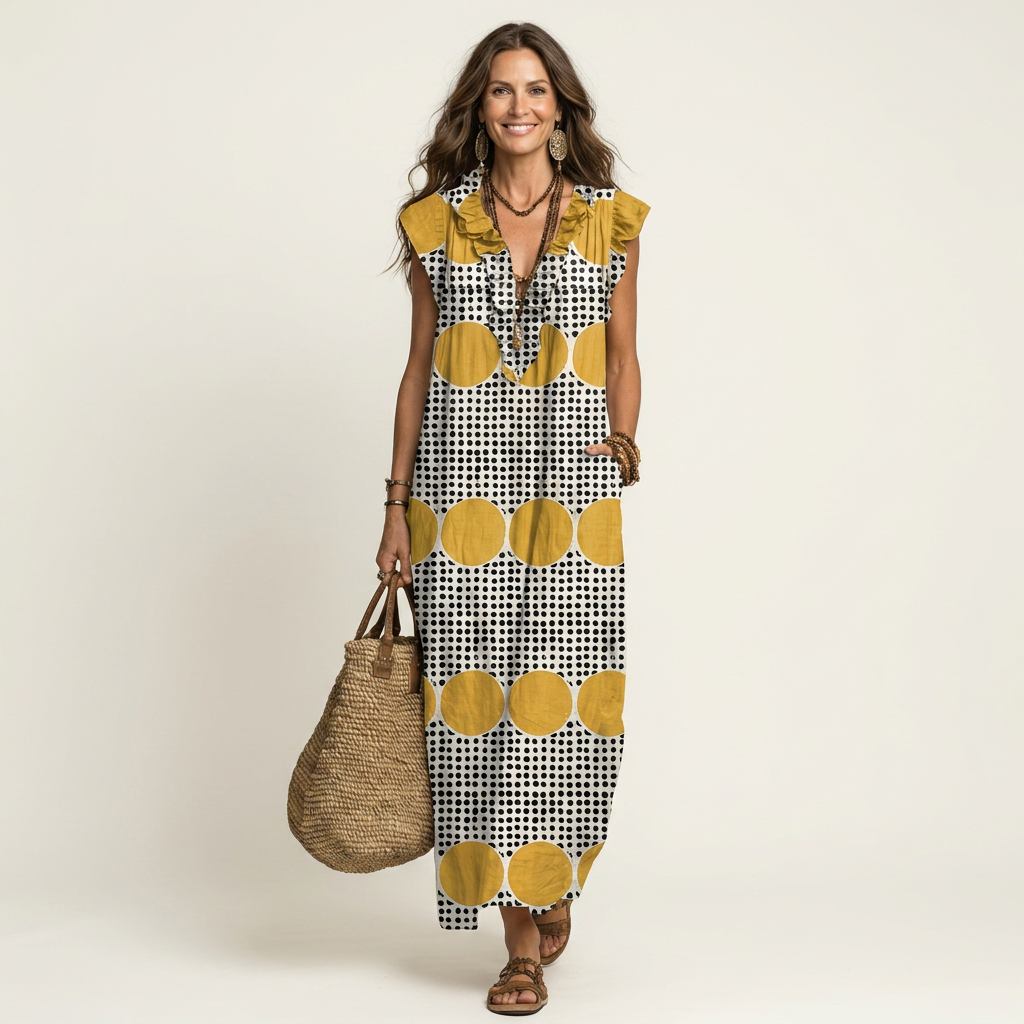 Polka Dot Ruffle V-Neck Sleeveless Maxi Dress