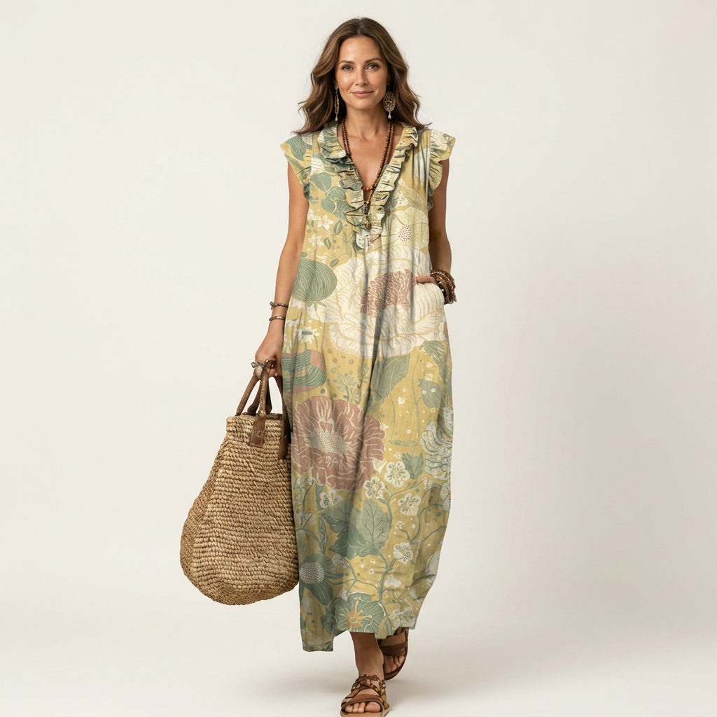 Floral Ruffle V-Neck Sleeveless Maxi Dress