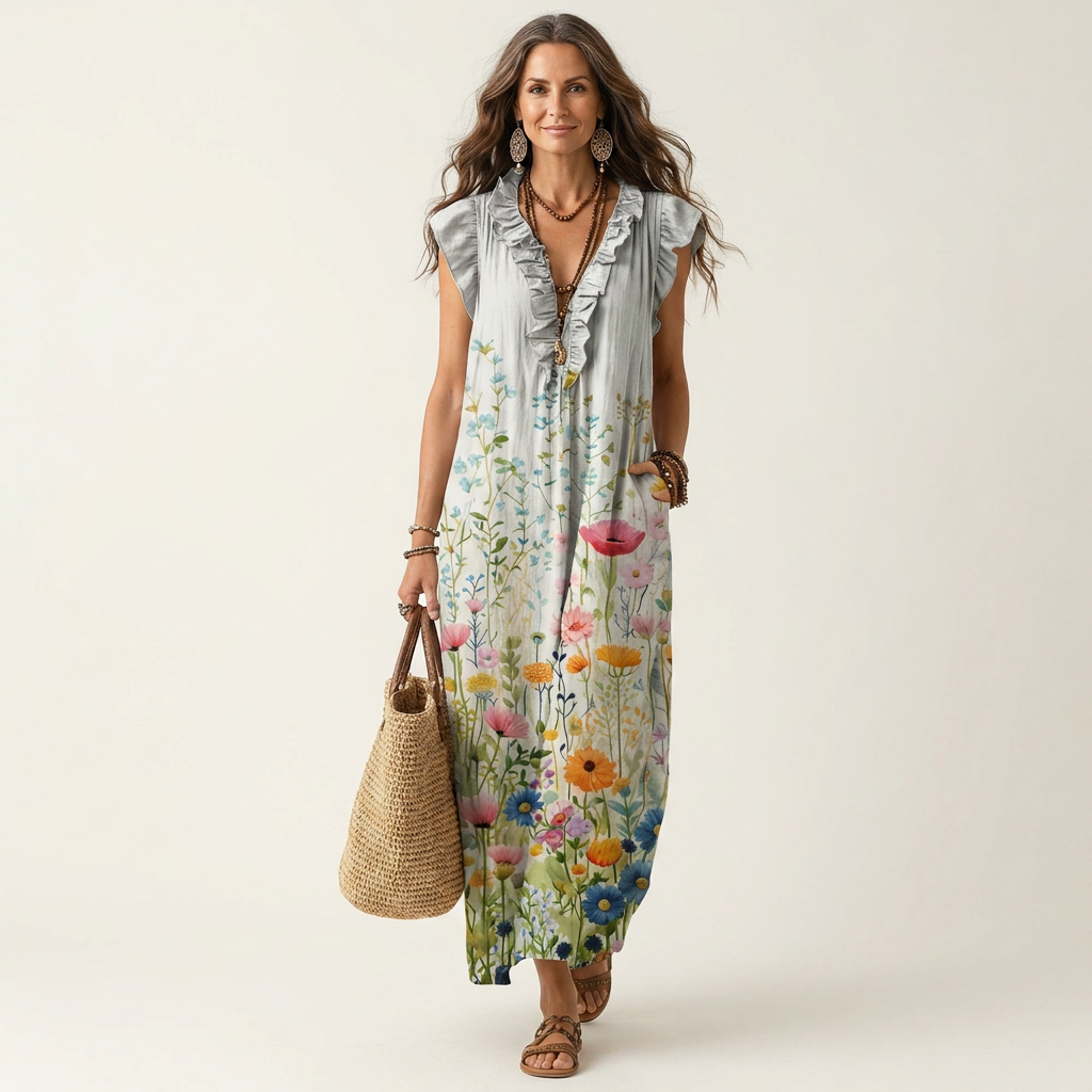 Wildflower Print Ruffle V-Neck Cap Sleeve Maxi Dress