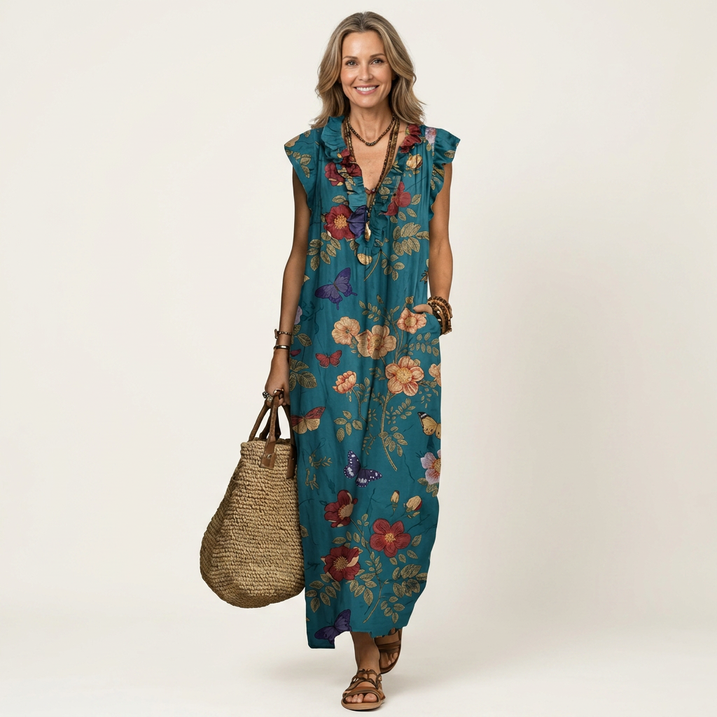 Floral Print Ruffle V-Neck Sleeveless Maxi Dress