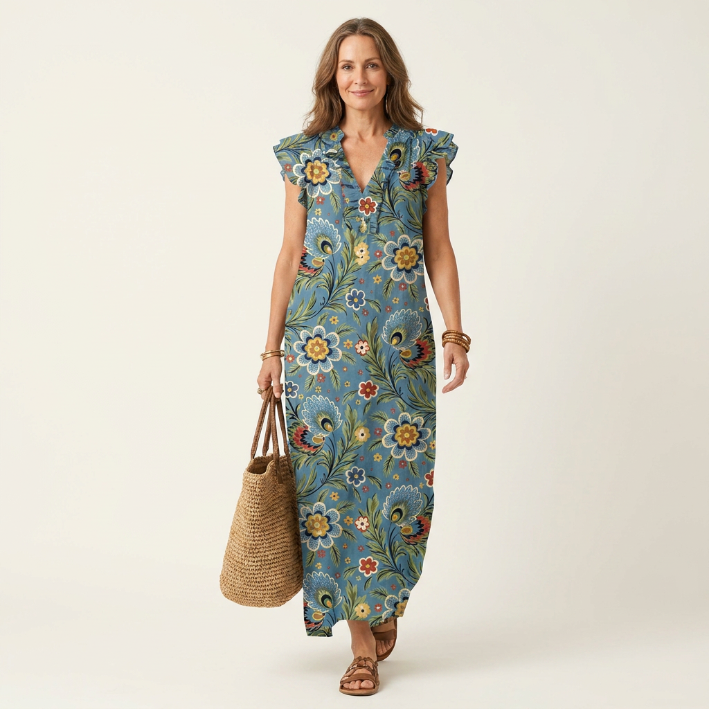 Floral Print Flutter Sleeve Split Neck Maxi Dress