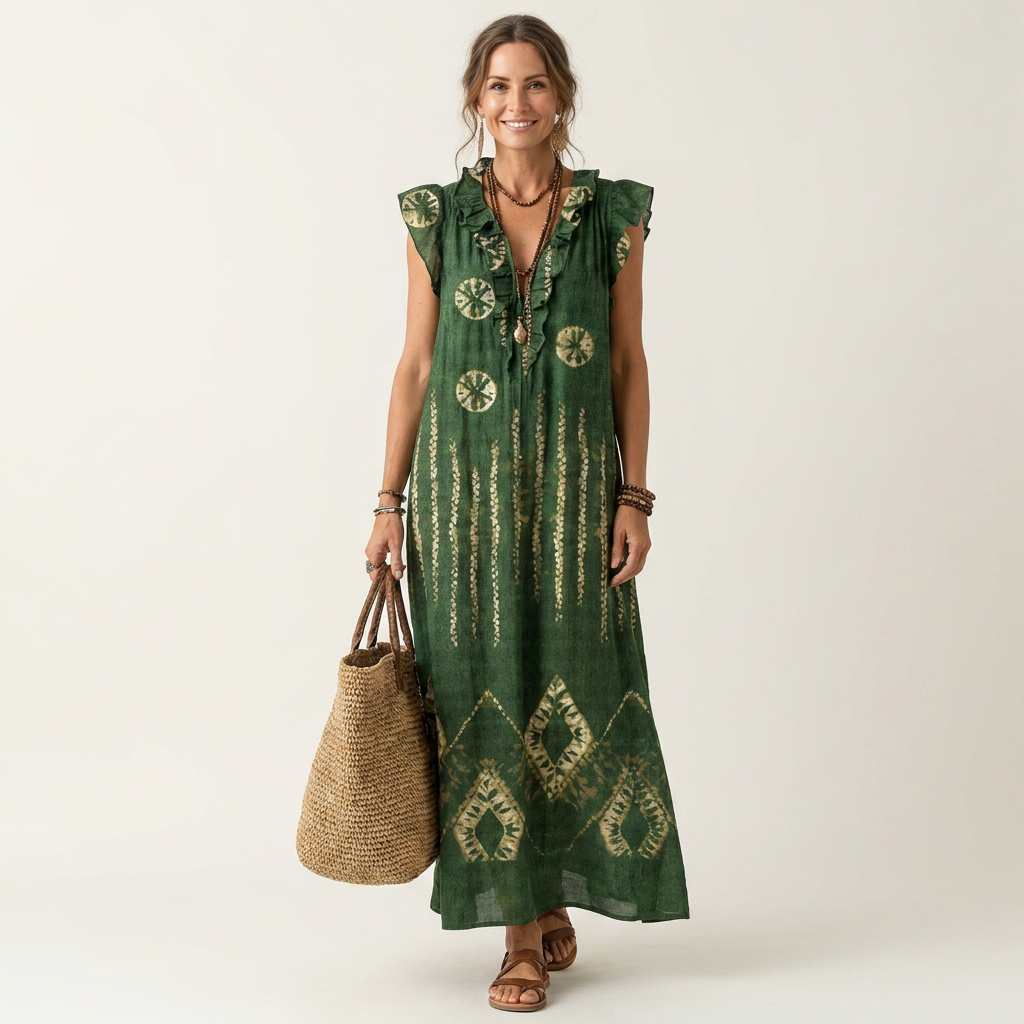 Batik Print Ruffle V-Neck Sleeveless Maxi Dress