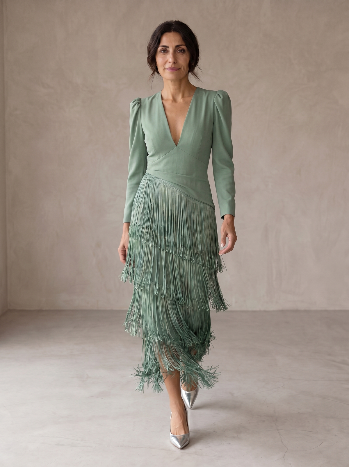 V-Neck Long Sleeve Fringe Tiered Midi Dress