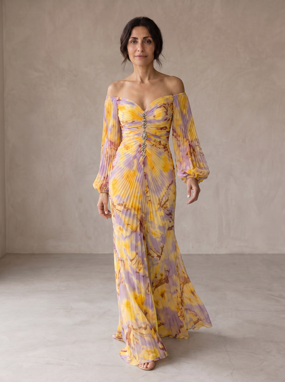 Floral Off Shoulder Long Sleeve Pleated Embellished Maxi Gown