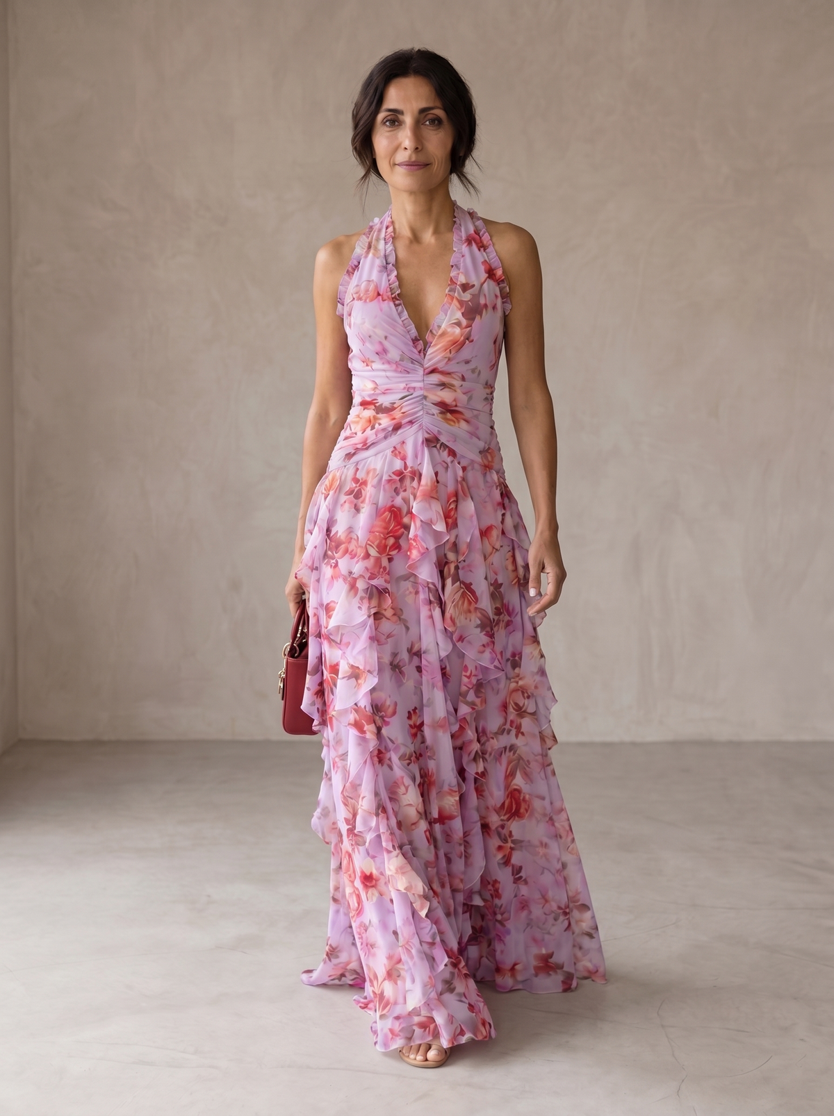 Floral Print Halter Neck Ruffle Tiered Maxi Dress