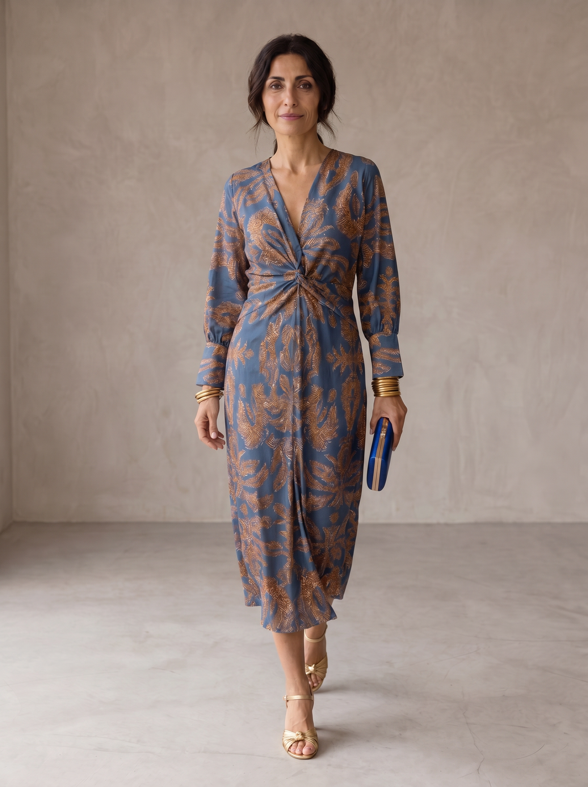 Paisley Print V-Neck Long Sleeve Twist Front Midi Dress