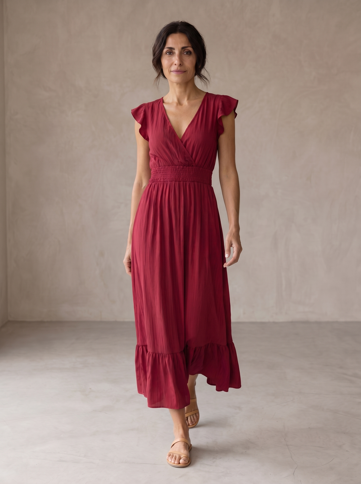 V-Neck Flutter Sleeve Smocked Waist Tiered Maxi Dress