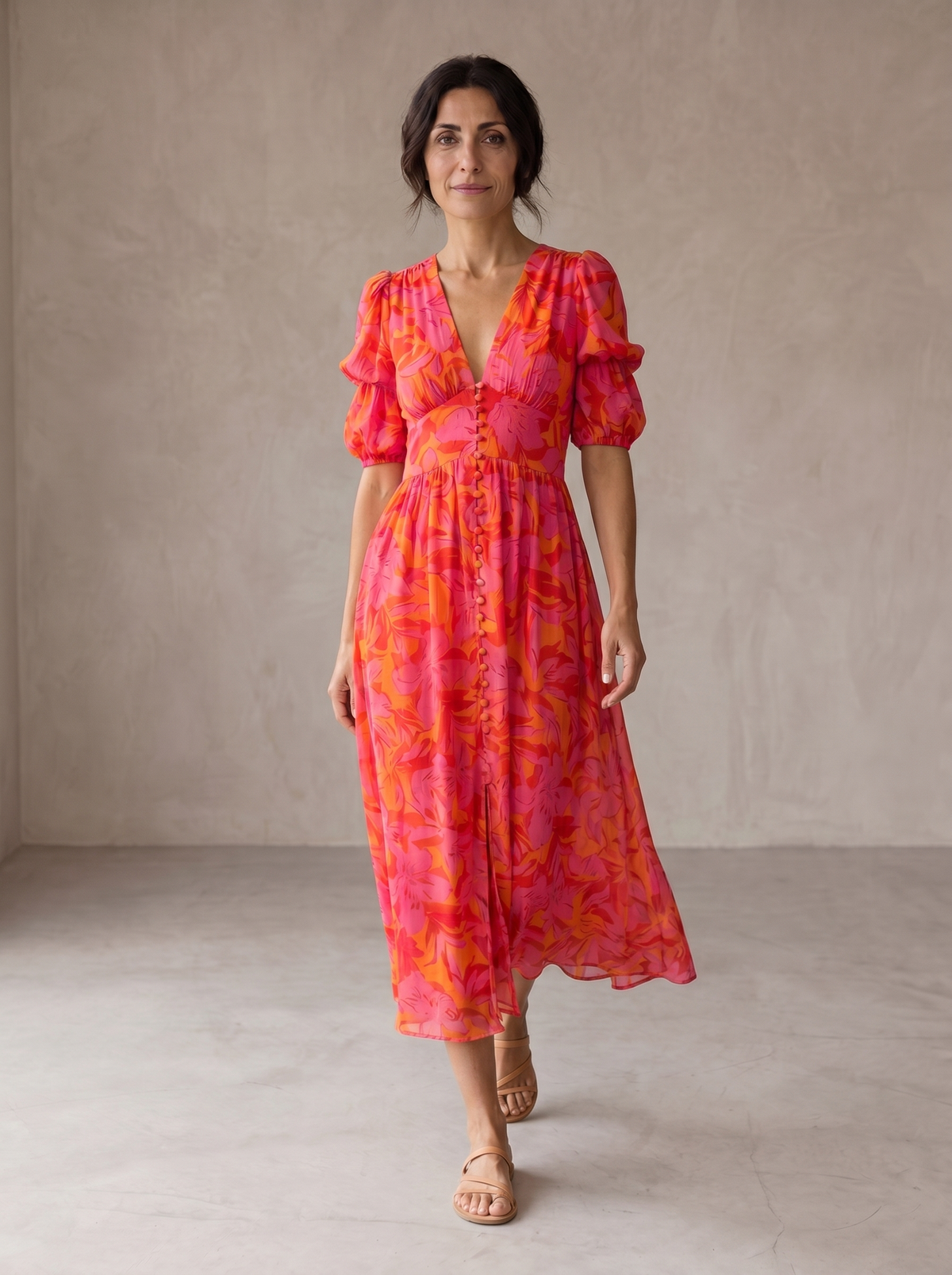 Floral V-Neck Puff Sleeve Button Front Midi Dress