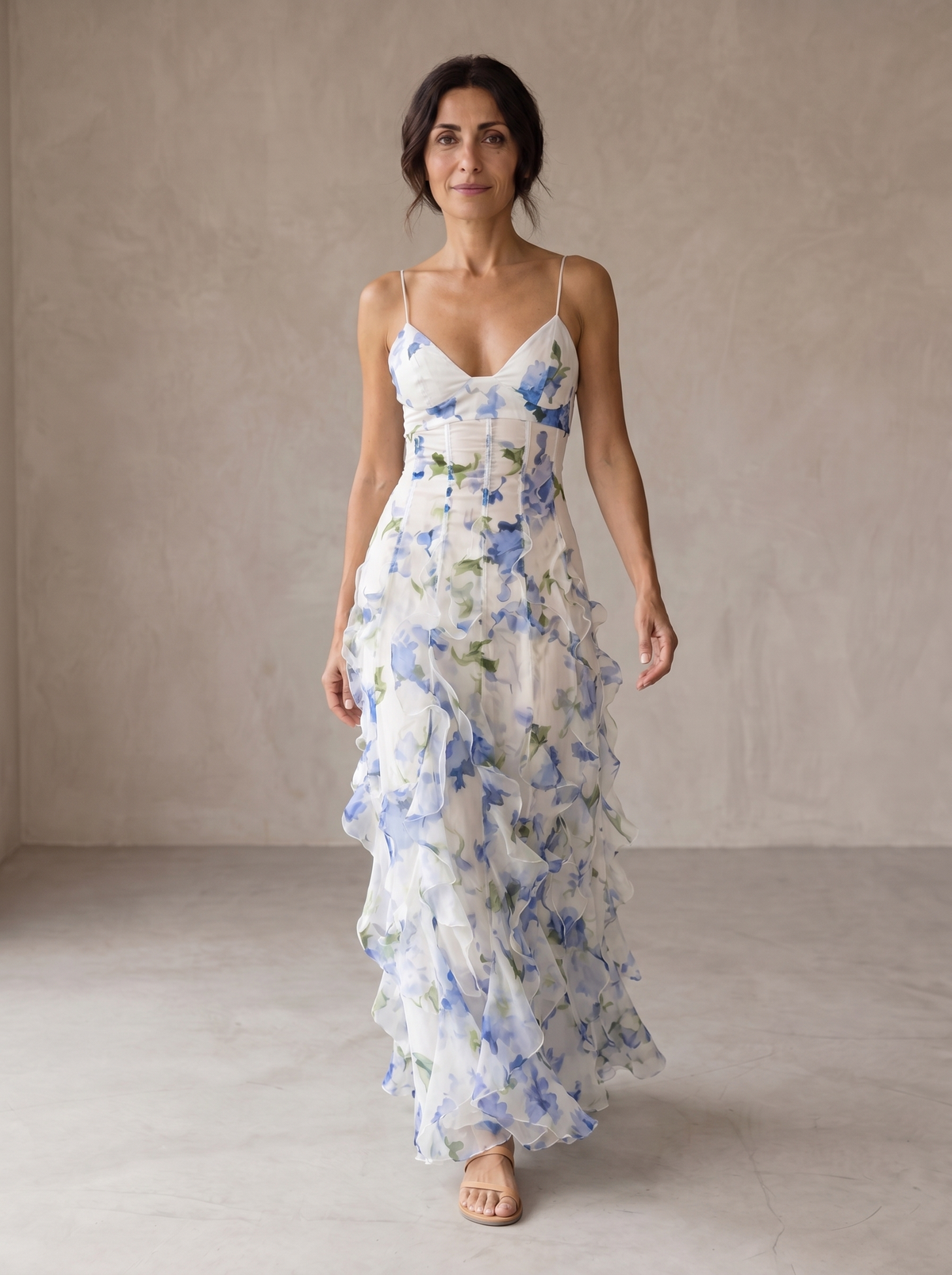 Floral V-Neck Spaghetti Strap Ruffle Maxi Dress