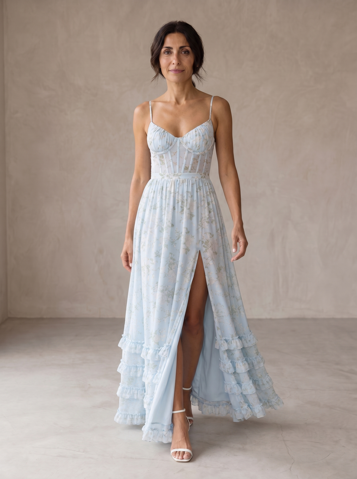 Floral Bustier Spaghetti Strap High Split Ruffle Hem Maxi Dress