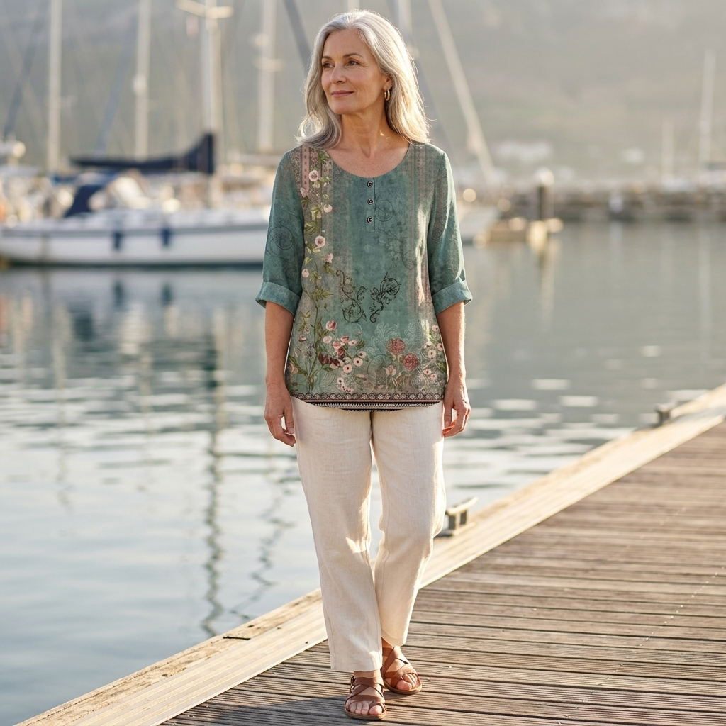 Floral Embroidered Round Neck Roll Tab Sleeve Tunic Top