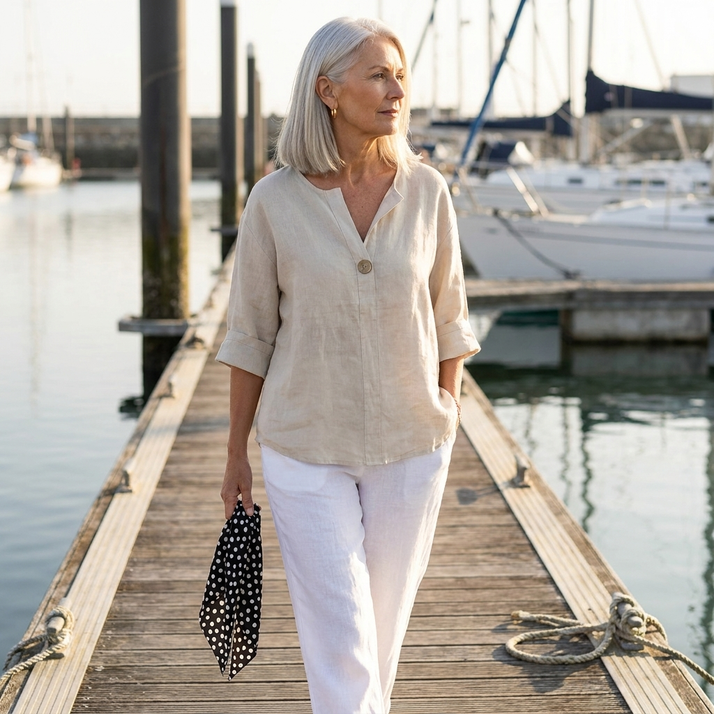 Linen Notch Neck Roll Tab Sleeve Button Top